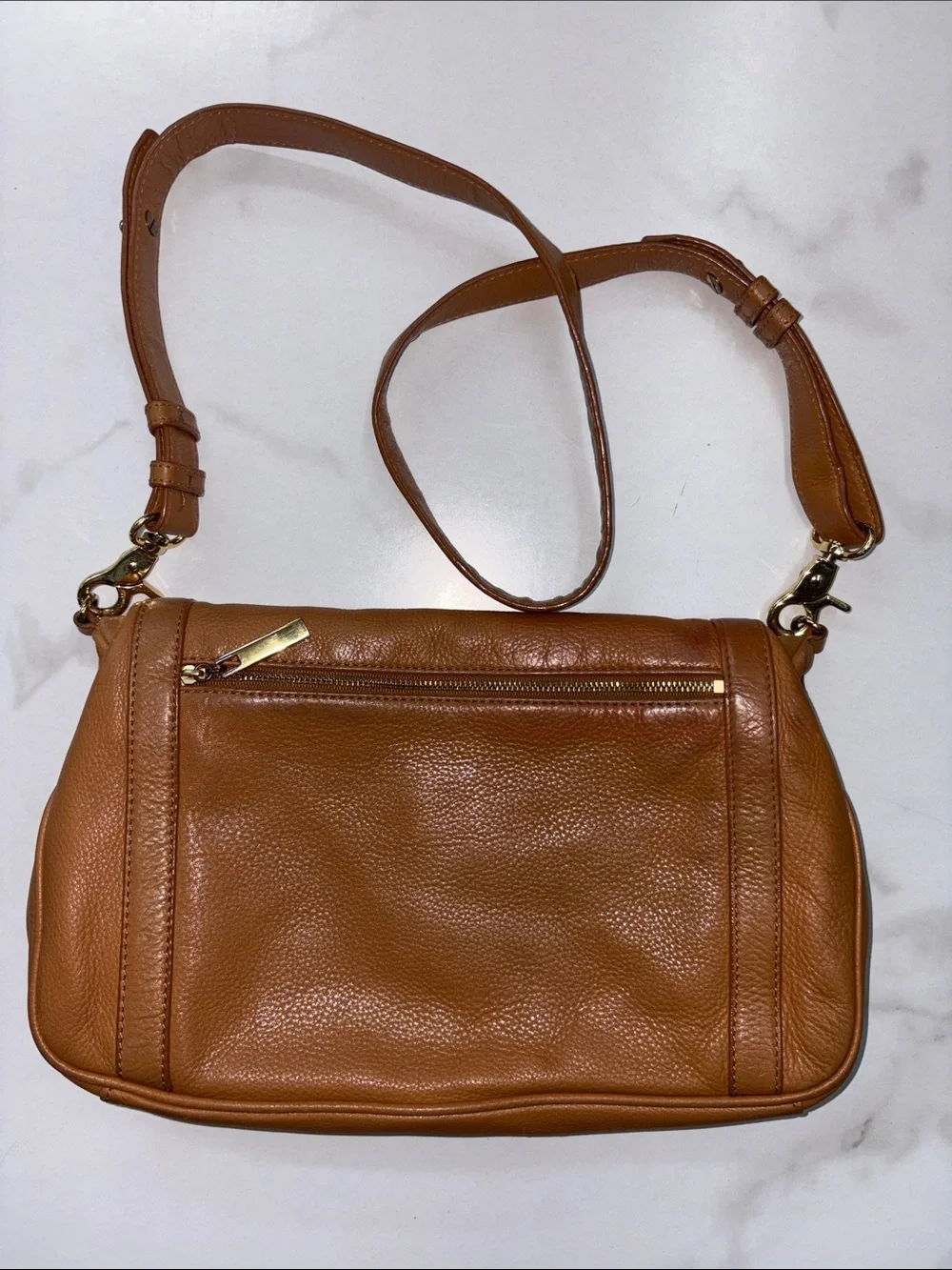 Tory Burch Cognac Pebbled Leather Fold-Over Clutch with Logo